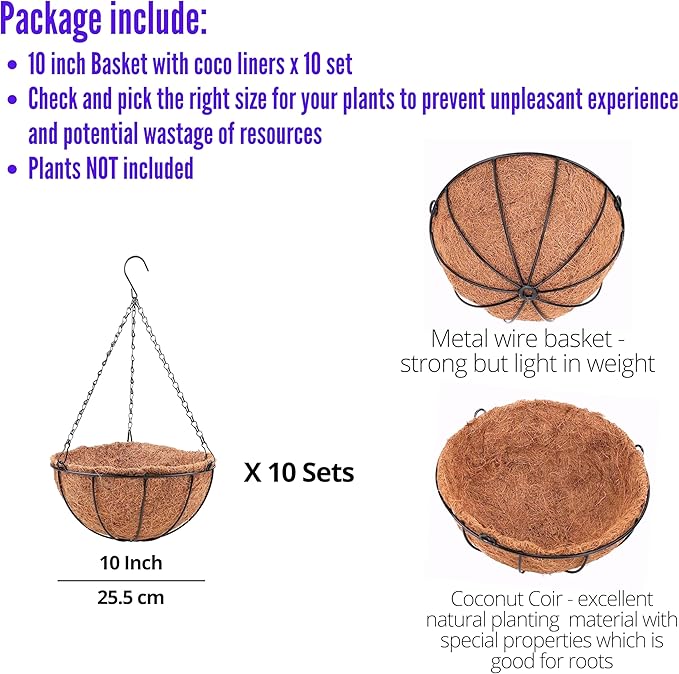 LaLaGreen Hanging Baskets for Plants (10 Pack, 10 Inch) Hanging Planter Outdoor with Coco Liner, Metal Wire Flower Basket Pots Holder Hanger Hook Deck Patio Porch Garden Balcony Outside Decoration