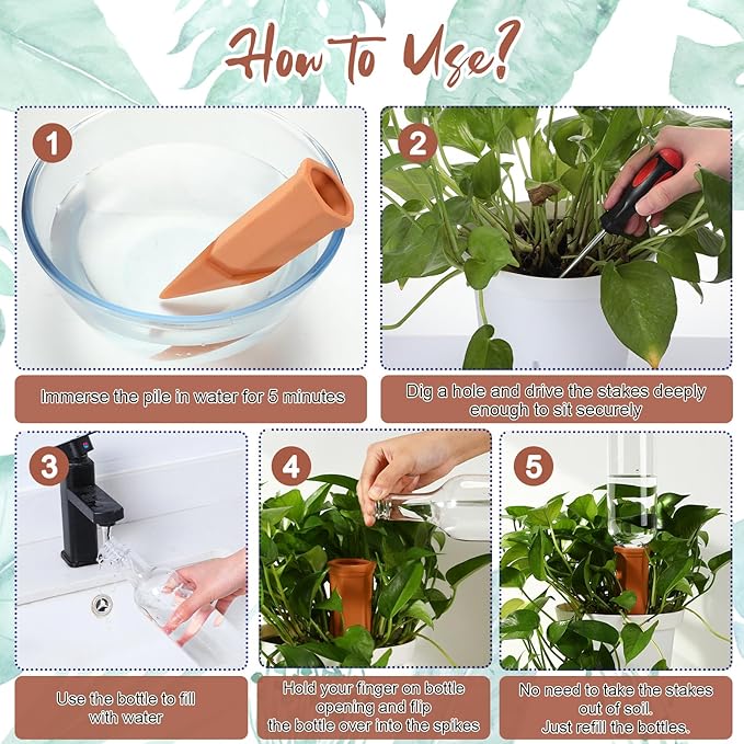 SiliFine 6 Sets Plant Watering Devices Include Terracotta Self Watering Spikes and 26 oz Plastic Bottles, Slow Release Vacation Insert Automatic Plant Waterer Device (Clear Green and Terracotta)