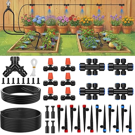 2026-Upgrade Quick-Connect Drip Irrigation System, Garden Irrigation Kit with 2/5" & 1/4" Tubing and Adjustable Nozzles & Sprinklers, Automatic Watering System for Garden, Lawn, Greenhouse