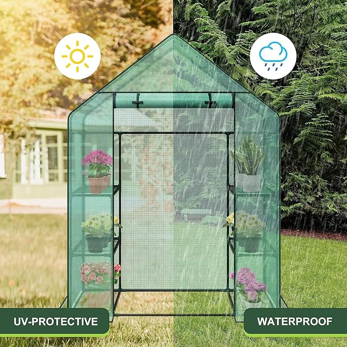 3 Tiers 6 Shelves Walk-in Green House, Portable Greenhouse w/Durable PE Cover, Roll Up Zipper Door, Steel Frame Greenhouse w/ Ground Pegs, Ropes for Garden, Patio, Backyard
