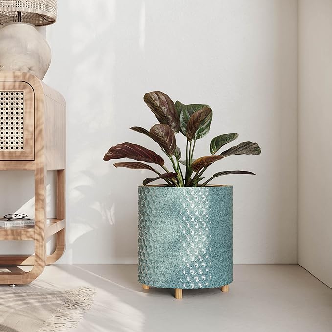 EverNest Rhys Blue-Green Modern Honeycomb Pattern Indoor Planter with Wooden Stand, 10-Inch Plant Pot, SelectBase, Mid-Century Modern Home Decor Planters (Medium, 2 Gallon)