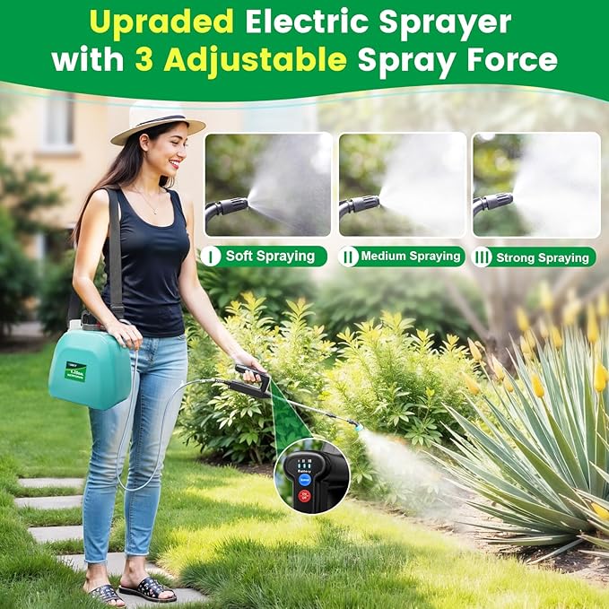 Battery Powered Sprayer 1.35 Gallon, 2026 Electric Garden Sprayer with 3 Adjustable Speeds, 4 Mist Nozzles, Rechargeable Handle, Retractable Wand with Adjustable Shoulder Strap for Weed Lawn(Green)