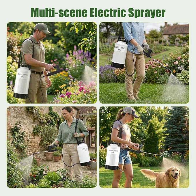 Battery Powered Garden Sprayer 2 Gallon 7.4V Powerful Electric Weed Sprayer with Retractable Leak-Proof Wand, 3 Adjustable Nozzles & Strap for Lawn,
