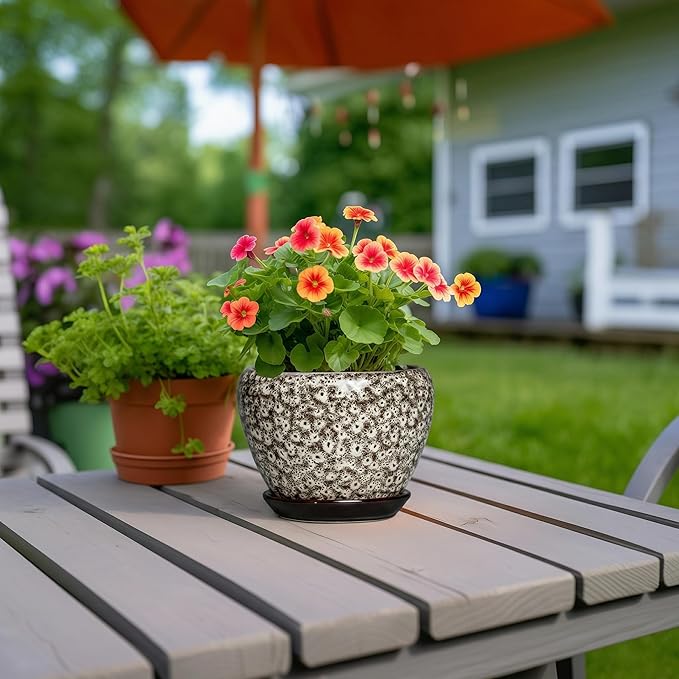 6 Inch Pots for Plants - Ceramic Plant Pots with Drainage Hole and Saucer, Round Planters for Indoor Plants Outdoor, Decorative Planter, Home Decor, Gifts for Plant Lovers, White Leopard