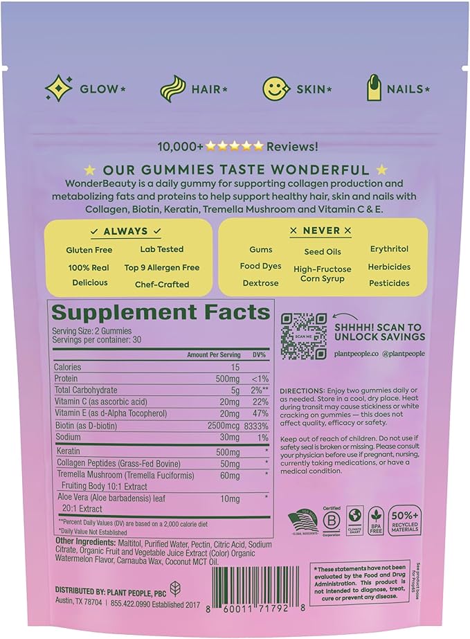 Plant People WonderBeauty Hair, Skin & Nails Rejuvenation Gummies with Tremella Mushroom, Collagen Peptides, Keratin, & Biotin – Watermelon Flavor, 60 Gummies