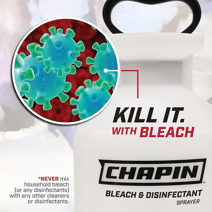 Chapin 20075 Disinfectant Bleach Sprayer, 1 Gallon, Made in The USA, Adjustable Cone Nozzle, Compatible with Bleach Solutions and Fungicides, Translucent White (Pack of 2)