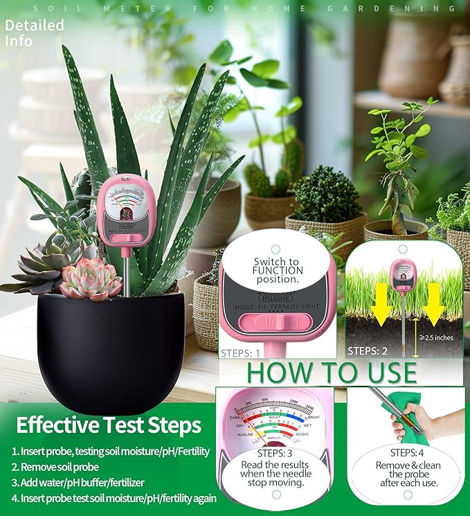 HSLGOVE 4-in-1 Soil Test Kit – Soil Moisture Meter, pH, Fertility & Sun-Light, No Battery Required, Large Dial Soil Tester for Indoor & Outdoor Gardening, Lawn, Farm –Baby Pink