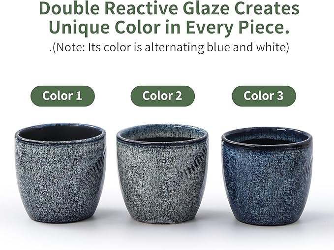 Set of 2 Ceramic Planters with Drainage Holes & Saucers - 4 + 5.75 Inch Blue & White Reactive Glaze Flower Pots - Unique Decorative Succulent Orchid Pots for Indoor Outdoor Coastal Home Decor