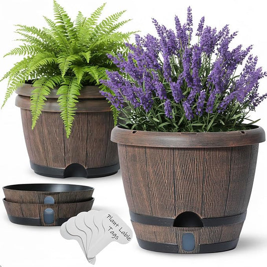 Sun-E 10 Inch Whiskey Barrel Self Watering Planters 3Pack- Brown Wood Grain with Side Water Level Indicator,Drainage Holes,Saucer&Plant Tags for Indoor Outdoor Garden Plants,Decor&Plants Not Included