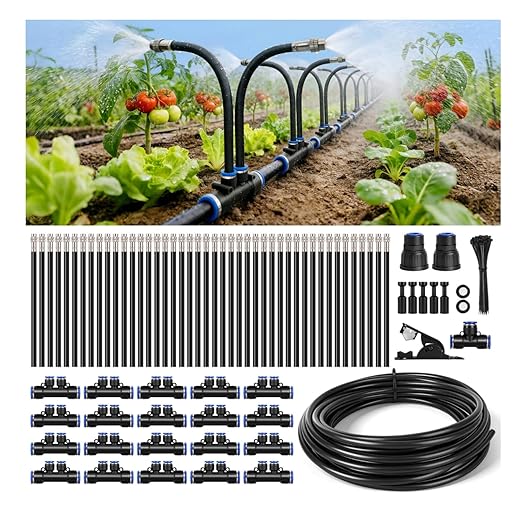 75Ft 1/2" Tubing High-Flow Drip Irrigation System, 360° Adjustable Garden Watering System with 40 Nozzles, Dual-Side Watering Kit for Raised Beds, Greenhouses & Efficient Plant Irrigation