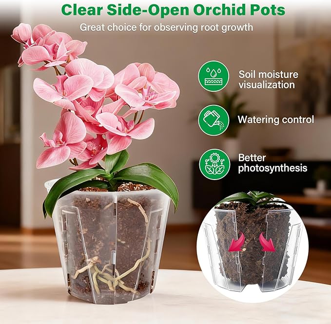 Bluepro 5 Inch Side-Open Orchid Pots 12 Pack, Clear Plastic Nursery Planters with Detachable Side Walls for Easy Repotting, Breathable Slotted Flower Pots with Drainage for Root Health