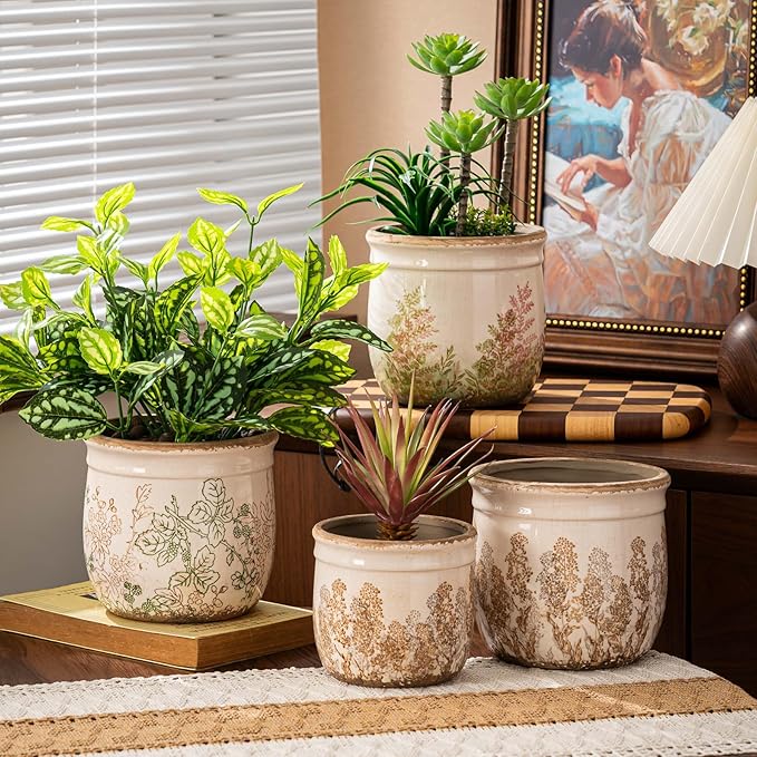 SURE YUESI Vintage Pink and Green Ceramic Planter Set of 2, 4.7+5.7 Inch Rustic Flower Pots for Indoor Plants, Decorative Ceramic Plant Pots for Home, Living Room, Garden, Gardening Gift
