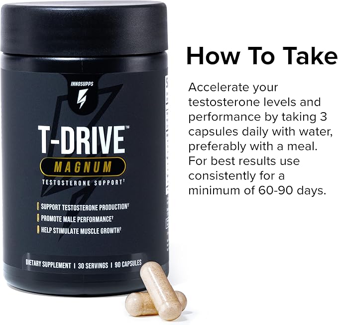 InnoSupps T-Drive Magnum Testosterone Booster Enhance Peak Performance Amplify Muscle Growth, Increase Libido & Energy Levels, Horny Goat Weed Tongkat Ali, Zinc, Fenugreek, Fat Burner 90 Caps/30 Days