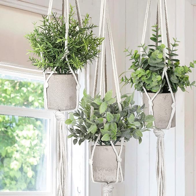 Artificial Plants 3 Pack Mini Fake Plants Fake Hanging Plants Artificial Decor with 3 Macrame Plant Hangers Decorative Plants Faux Hanging Plants Greenery Decor for Wall Kitchen Bathroom Home Office