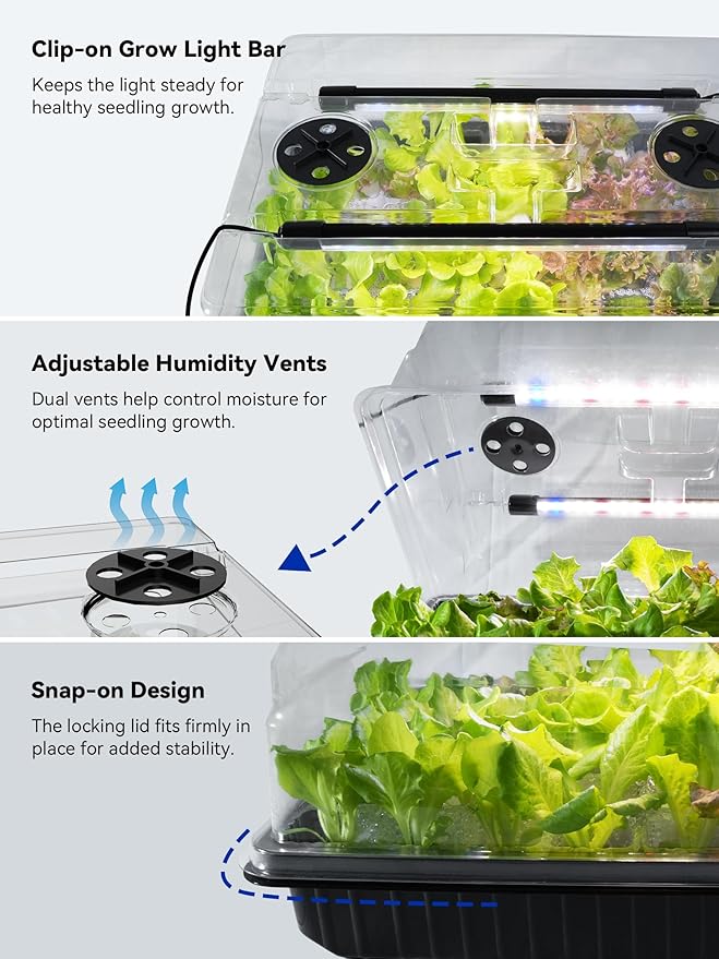 GLOWRIUM Seed Starter Tray with Grow Lights, 1 Pack 54-Cell Seed Starter Kit with 4.3" Humidity Dome, Indoor Seedling Starter Tray with 3/9/12/16h Timer, Adjustable Brightness Seed Starting Trays