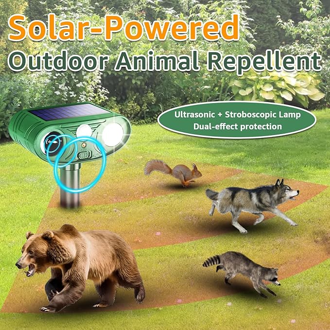 Solar Ultrasonic Animal Repellent Outdoor with Motion Sensor Strobe Light Deer Repellent Devices for Squirrel Rats Snakes Rabbit 25KHZ Silent Deterrent Dual Mode Yard Garden Lawn Pest Control 2PCS