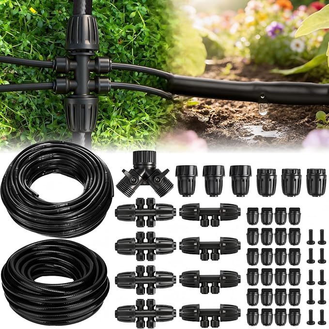 132FT Drip Irrigation Tubing Kit with 1/2 inch PVC Tubing, 1/4 inch Dripline, and Irrigation Parts for Garden, Raised Beds, and Greenhouse Watering