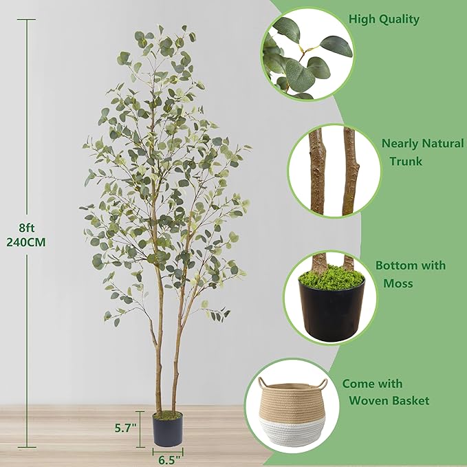 Warmplants Artificial Eucalyptus Tree, 8ft Large Fake Silk Leaves Eucalyptus Plant with Basket, 96” Faux Tree for Home Office Livingroom Floor Decor Indoor Outdoor