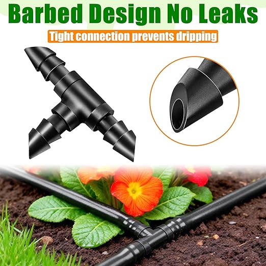 110 Pack Drip Irrigation 1/4" Barbed Tee Fittings, Drip Line Barbed T Connectors for 1/4 Inch Irrigation Tubing Micro Irrigation Connection Parts for Garden Sprinkler Systems