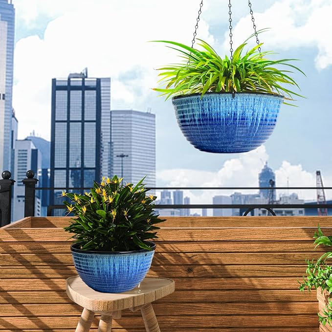 Vanslogreen 2 Pack Hanging Planters for Indoor Outdoor Plants, 10 Inch Hanging Planter with Drainage Hole & Plug Glazed Hanging Baskets Flower Pots for Garden Home (Blue Flow Glaze)