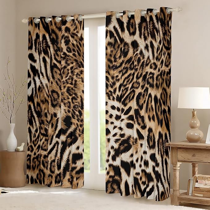 Feelyou Leopard Print Curtains Cheetah Print Window Drapes Kids Room Decor Boys Girls Wild Animal Print Window Treatments Leopard Fur Window Curtains Bedroom Living Room 42W X 63L,2 Panels