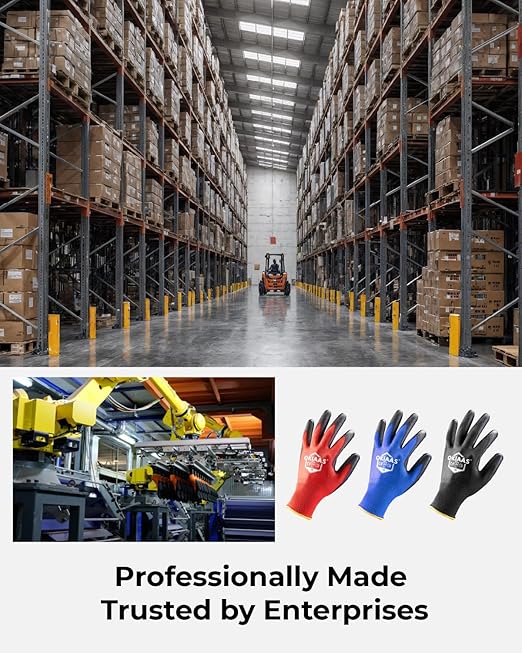 OKIAAS Work Gloves for Men，Ultra Thin and Lightweight Working Gloves with Grip, 12 Pairs Bulk Pack with Polyurethane Coating, for Light Duty Work (Blue, Small)