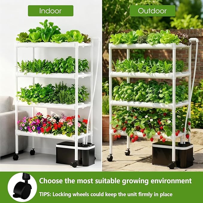 Hydroponics Growing System Kit with Wheels, 108 Plant Sites Gardening Aquaponics Tower, 4-Tier Food-Grade PVC-U Pipes Water Pump Timer for Leafy Vegetables, Indoor, Outdoor (34"x62"x15" in 108 Holes)