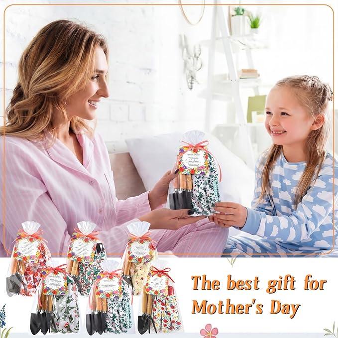 Cuffbow 6 Set Mother's Day Gardening Gifts Floral Gardening Gloves, Garden Shovel, Mini Garden Tools with Mother's Day Cards and Bags for Mom Grandma Birthday Gift (Cute)