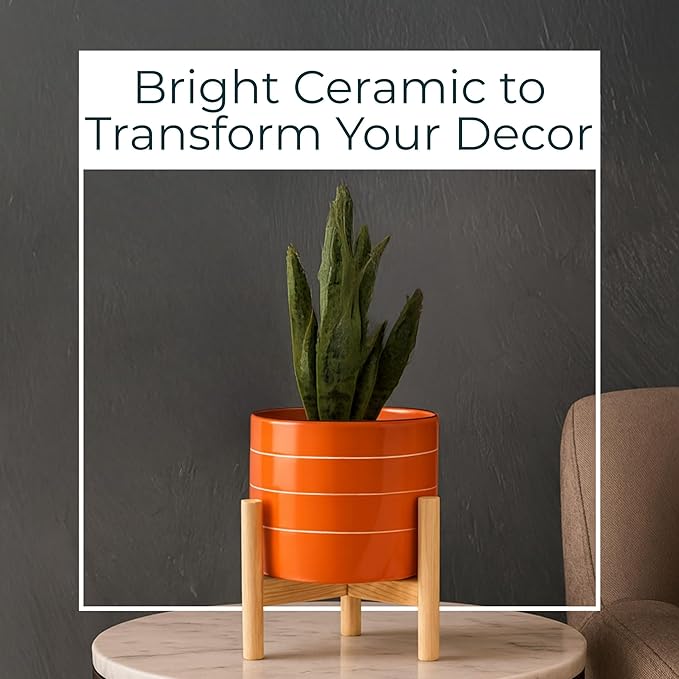 Striped Ceramic Planters with Wooden Stand as Home Decor Flower Pots for Entryway, Patio, Tabletop, and Garden - Colorful Decorative Pots for Indoor and Outdoor Plants - 9", Orange & Tan