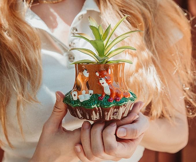 Disney The Fox and The Hound 4-Inch Ceramic Mini Planter with Artificial Succulent | Cute Small Flower Pot, Faux Indoor Plants