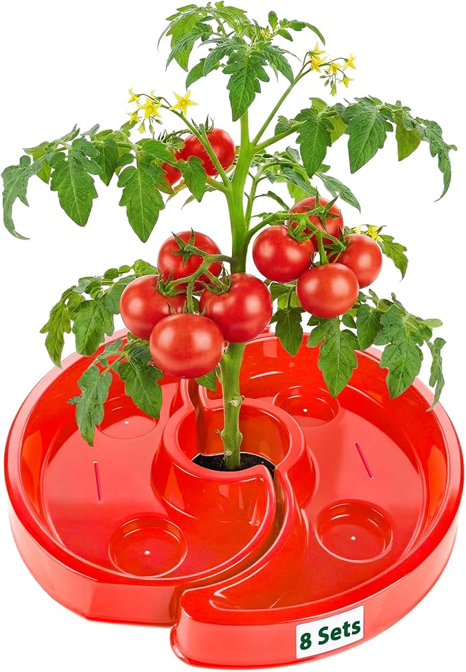 8 Sets Tomato Watering Ring, Aqua-Direct Red Tomato Halo for Vegetable Direct Root Irrigation, Cuts Runoff, Promotes Vigorous Plant Growth | Rapid-Stake Mount