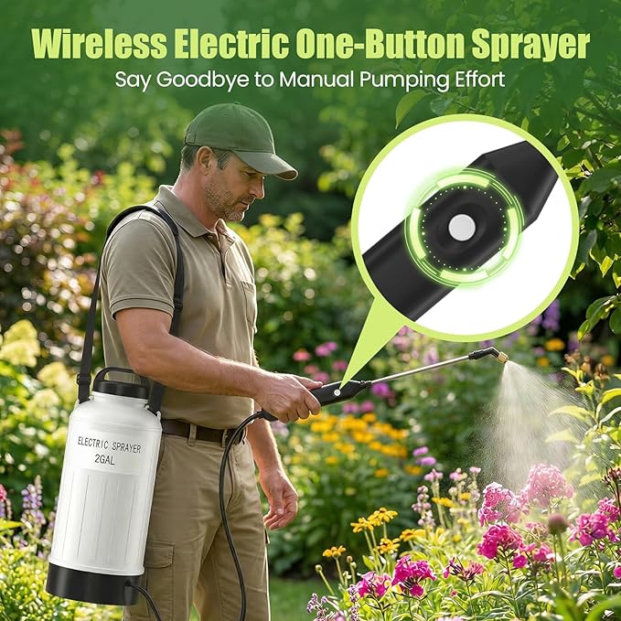 Battery Electric Sprayer, 2 Gallon USB Rechargeable Portable Lawn Garden Sprayer with 3.7V Battery, Adjustable Strap, Leak-Proof Wand, 3 Nozzles, 3-Hour Runtime for Plant Care,Lawn Maintenance