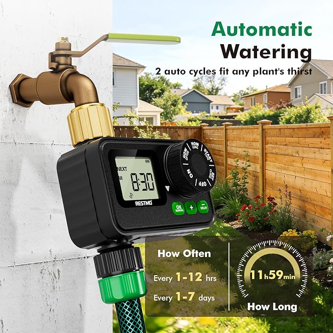 RESTMO Sprinkler Timer for Outdoor Hose Faucet, Up to 11h59m Programmable Watering Timer for Soaker Hose, Filling, Misting with Brass Inlet & Large Dial, Rain Delay/Manual/Automatic Irrigation System
