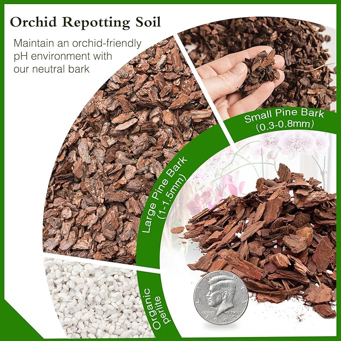 Orchid Bark Potting Mix,Premium Orchid Potting Mixture of Pine Bark and Perlite,Good Ventilation and Water Retention for Repotting Orchids and Growing Indoor Plants,4QT