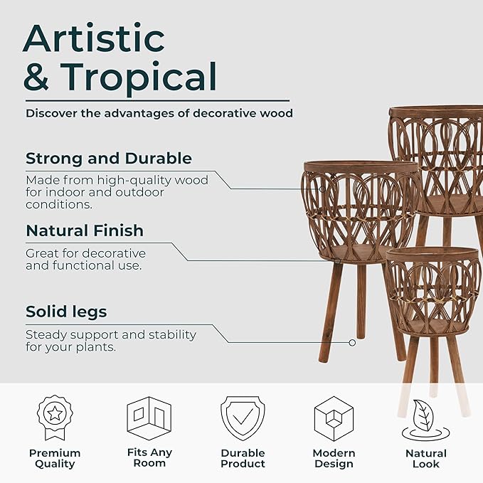 Handcrafted Bamboo Planters with Wooden Legs as Home Decor - Timeless Flower Pots for Entryway and Garden - Patterned Plant Pots for Outdoor and Indoor Plants - Set of 3, 26", 23", 20", Brown