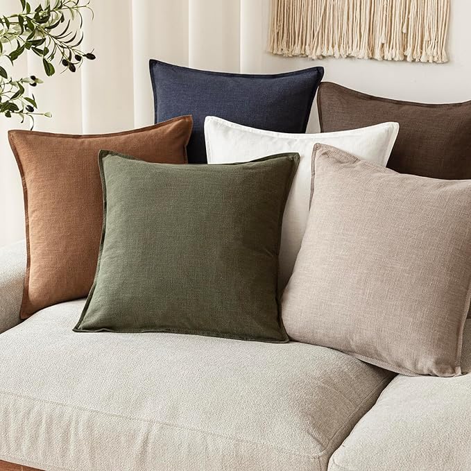 Foindtower Set of 2, Decorative Linen Soild Throw Pillow Covers Soft Accent Cushion Euro Case Boho Farmhouse Pillowcase for Chair Couch Sofa Bedroom Living Room Home Decor 24 x 24 Inch Natural Linen
