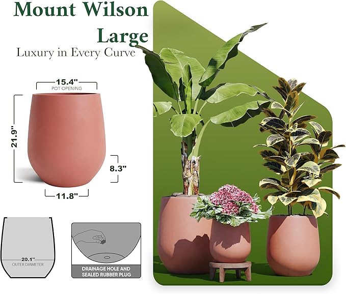 DTY Mount Sherman 21.1'' D x 16.7'' H (Pot Opening 14.6") Fiberstone Round Planter with Drainage Hole, Smooth Finishes, Weather Resistant for Indoor and Outdoor, 2 Extra Coco Mats - Terracotta, Large