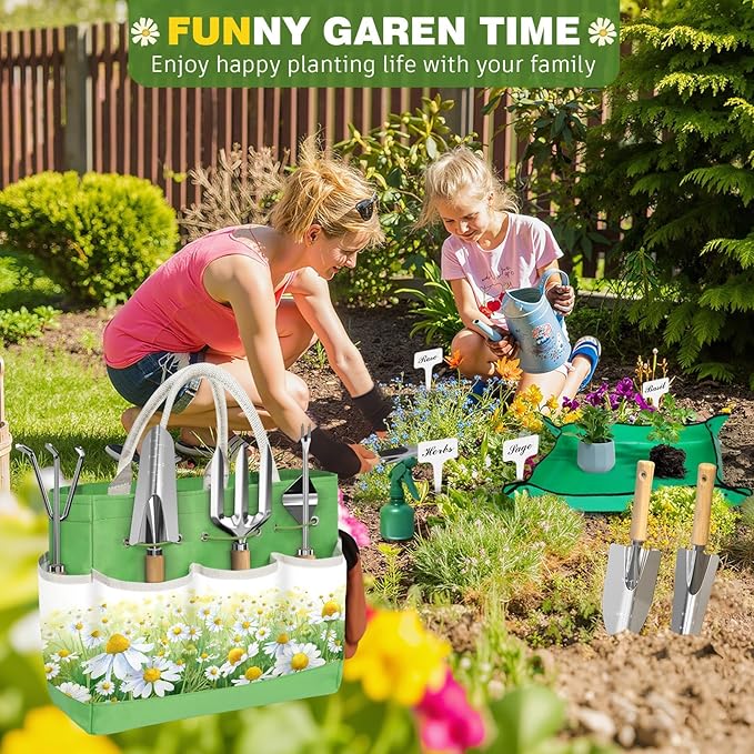 22Pcs Garden Tools Set for Women,Heavy Duty Hand Tool Kit, for Mom Beginner Gardening Essentials with Large Tote Bag/Repotting Mat/Trowel/Rake/Pruner/Gloves/Plant Tags-Green