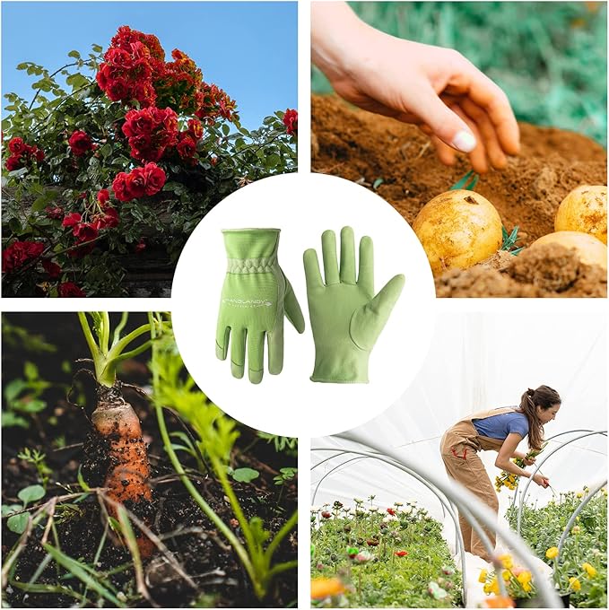 HANDLANDY Work Gloves for Women, Breathable Leather Gardening Glove for Yard Maintenance, Hand Protection with Touch Screen