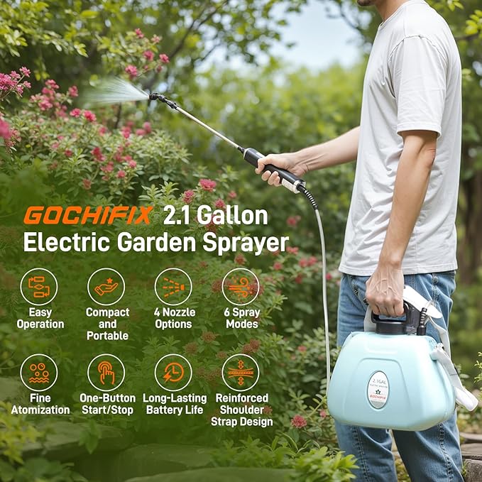 GOCHIFIX Electric Garden Sprayer 2.1 Gallon, 4 Mist Nozzles, Telescopic Wand, Adjustable Shoulder Strap, USB Rechargeable Waterproof Handle, Automatic Plant Mister for Lawn Garden