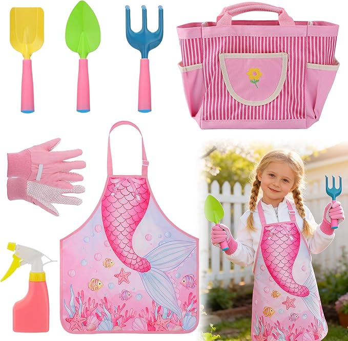 Kids Gardening Tool Set - Garden Tools for Kids with Shovel Trowel Rake Apron Gloves Watering Can and Tote Bag, Outdoor Toys Great Gifts for 3 4 5 6 7 8+ Years Old Girls (Downward Mermaid Tail)