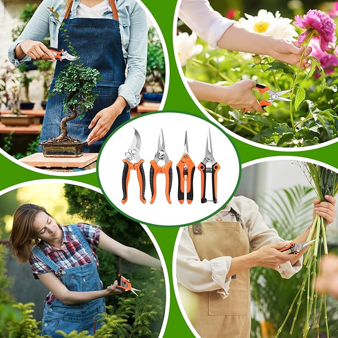 EWPJDK 4 Pack Garden Pruning Shears, Stainless Steel Garden Shears, Gardening Shears, Garden Scissors, Clippers, Pruning Snips, Pruning Shears for Gardening Tools (Orange)