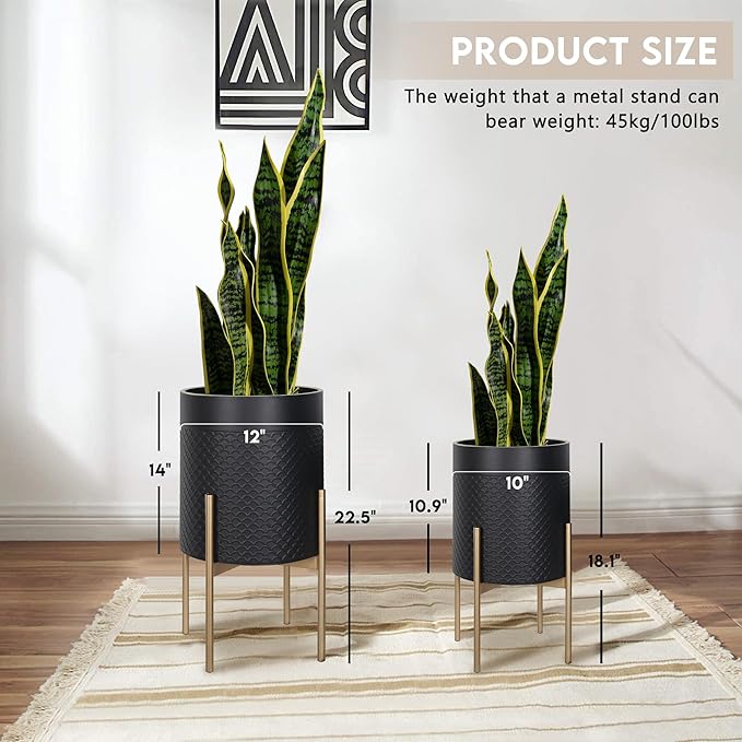 Oakrain Planters for Indoor Plants, Set of 2 Mid Century Modern Planter with Stand, Decorative Metal Planter Pots for Living Room, Office, Garden or Balcony, Matte Black, 10"&12"