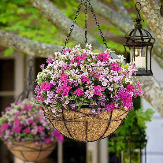 2 Pack 16 Inch Hanging Planters for Outdoor Plants Metal Wire Flower Baskets with Coco Liner & Plastic Saucer Large Deep Hanging Plant Pots for Porch Balcony Garden Décor