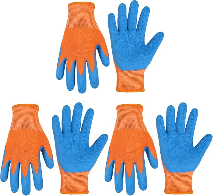 HANDLANDY 3 Pairs Kids Gardening Gloves, Micro-Foam Coated Children Toddler Garden Yard Work Gloves for Little Girls Boys (Size L, Blue Orange)