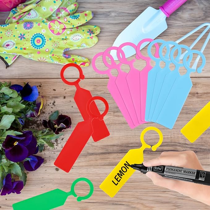 LOKIPA 100PCS Plant Labels, Plastic Plant Tree Tags Waterproof Plant Markers & Labels for Outdoors Plants Greenhouse Accessories (Mixed Color Labels with 1PCS Permanent Marker Pen)