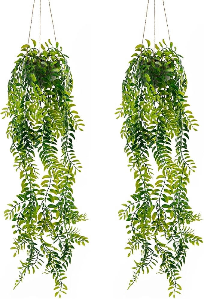 2PCS Artificial Hanging Trailing Plants in Pots,Realistic Faux Small Persian Leaf Hanging Potted for Bedroom Living Room Home Office Table Decor Indoor Outdoor