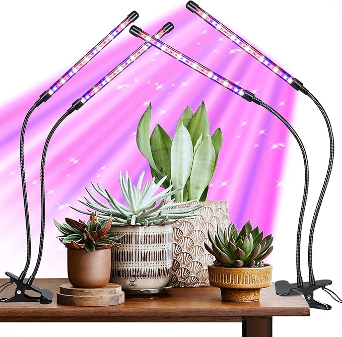 Grow Light for Indoor Plant, Full Spectrum Clip Plant Lamp with Red, Blue, White Light, Plant Growing Light with Adjustable Gooseneck, 4/8/12/18H Timer, 10 Brightness Levels, 3 Lighting Modes, 2 Pack
