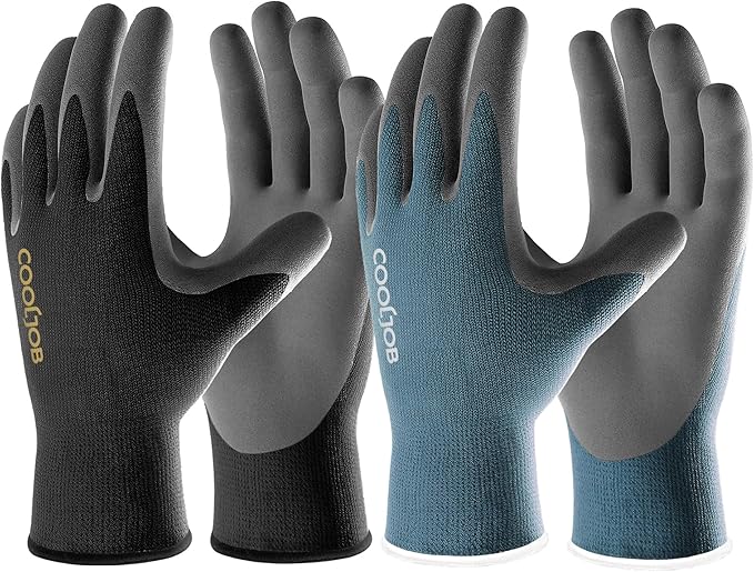 COOLJOB Micro-Foam Nitrile Safety Work Garden Gloves with Touchscreen Fingers, 6 Pairs Lightweight Working Gloves for Men’s Sweaty Hands, Non-slip Coated Grip Fits Most Tasks, Large, Blue & Black