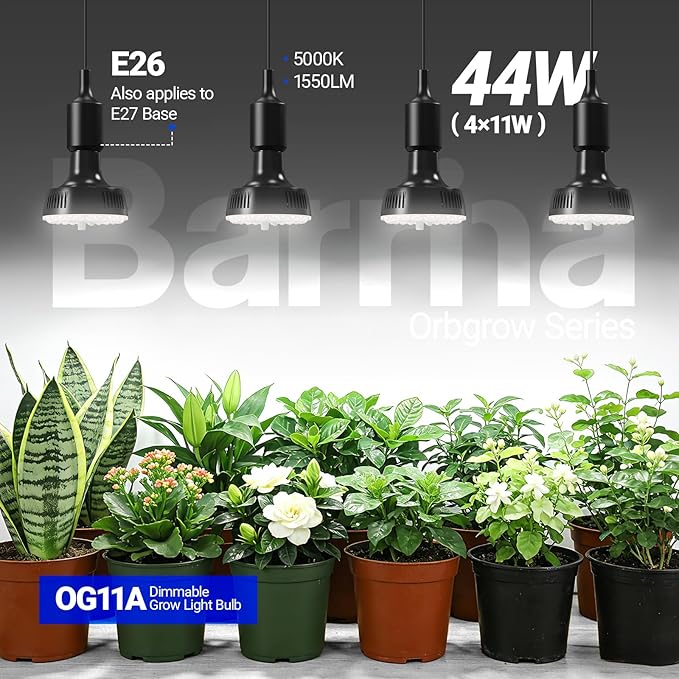 Barrina Orbgrow OG11A Grow Light Bulbs for Indoor Plants, Integrated Dimming & Timing, 5000K 44W(4 x 11W, 400 Watt Equiv), E26 Plant Light Bulb, Full Spectrum for Seeds and Greens, 4 Packs, Black